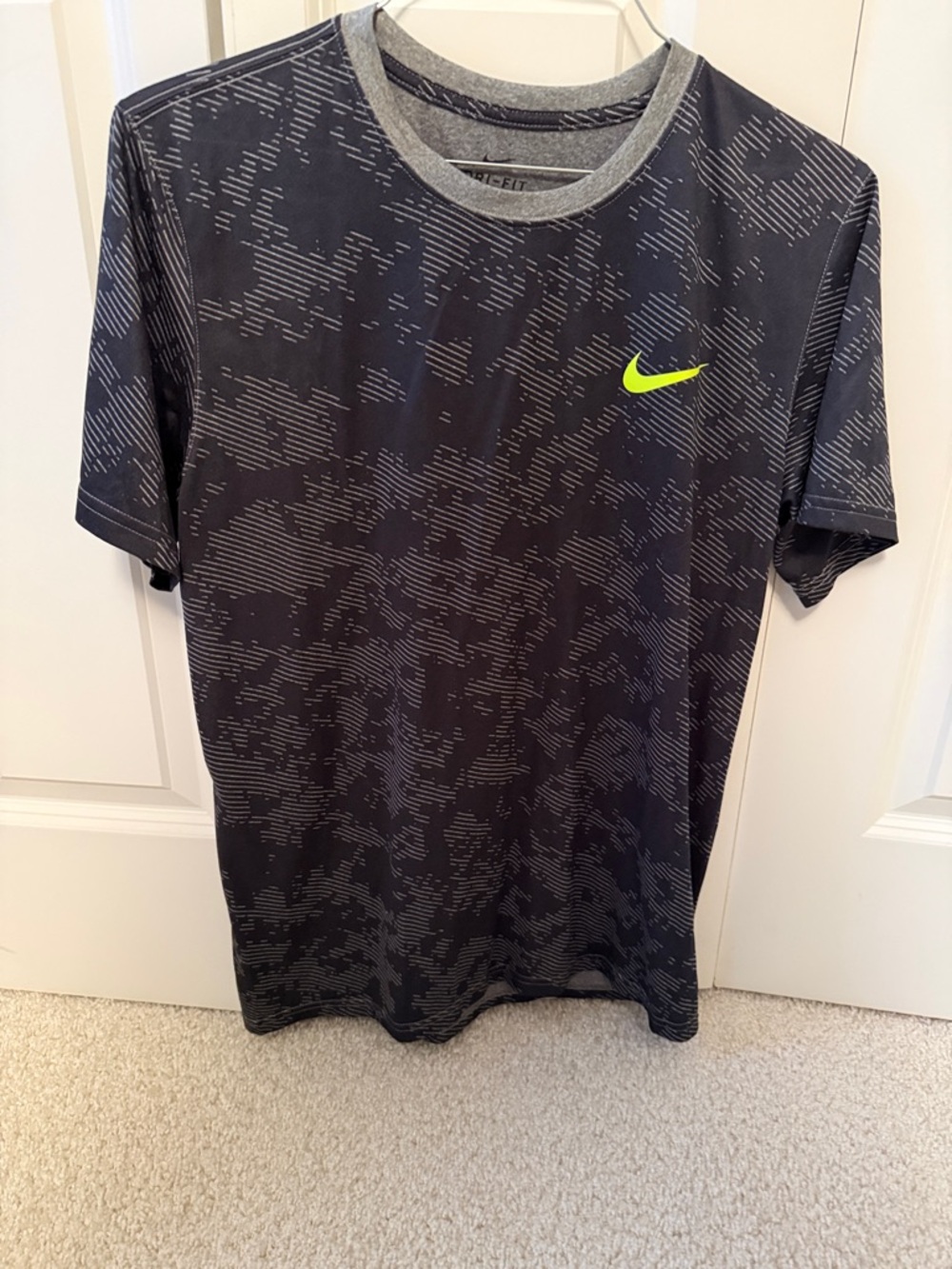Nike Black Grey Patterned Short Sleeve Tee with Neon Yellow Swoosh